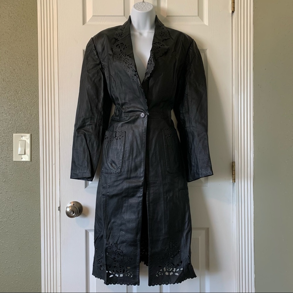 Newport News Black Long Leather Trench Coat M